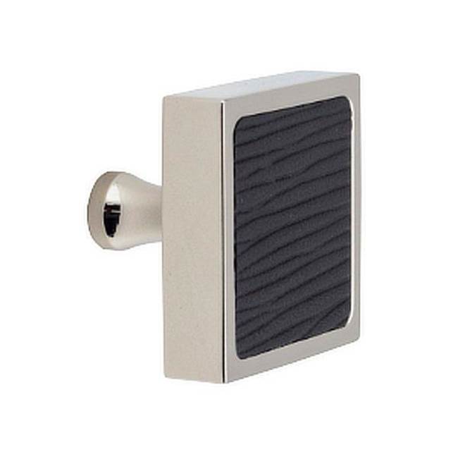 Colonial Bronze Leather Accented Square Cabinet Knob With Flared Post, Satin Chrome x Pinseal Pitch Brown Leather