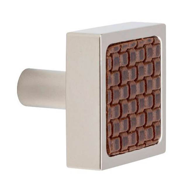 Colonial Bronze Leather Accented Square Cabinet Knob With Straight Post, Matte Light Statuary Bronze x Woven Cherry Royale Leather