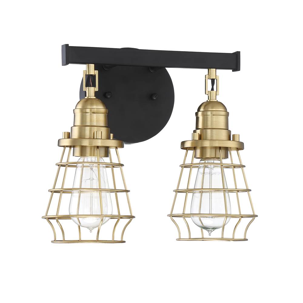Craftmade Thatcher 2 Light Vanity in Flat Black with Satin Brass Cages