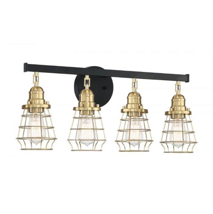 Craftmade Thatcher 4 Light Vanity in Flat Black with Satin Brass Cages