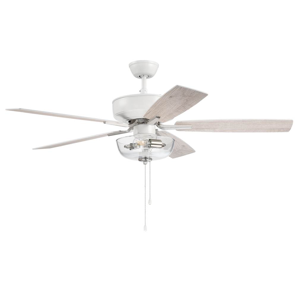 Craftmade 52'' Pro Plus Fan with Clear Bowl Light Kit in White/Polished Nickel with Reversible White/Washed Oak Blades