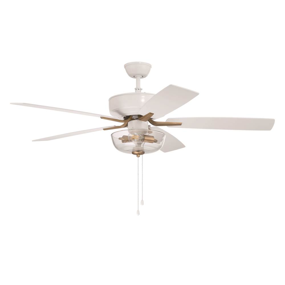 Craftmade 52'' Pro Plus Fan with Clear Bowl Light Kit in White/Satin Brass with Reversible White/Washed Oak Blades