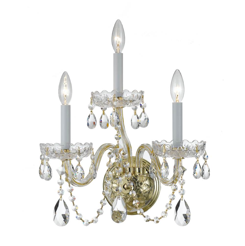 Crystorama Traditional Crystal 3 Light Hand Cut Crystal Polished Brass Sconce