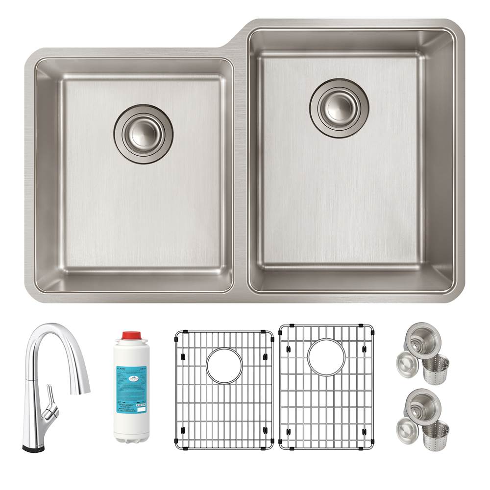 Elkay Reserve Selection Lustertone Iconix 18 Gauge Stainless Steel 31-1/4'' x 20-1/2'' x 9'' Double Bowl Undermount Sink Kit with Filtered Faucet