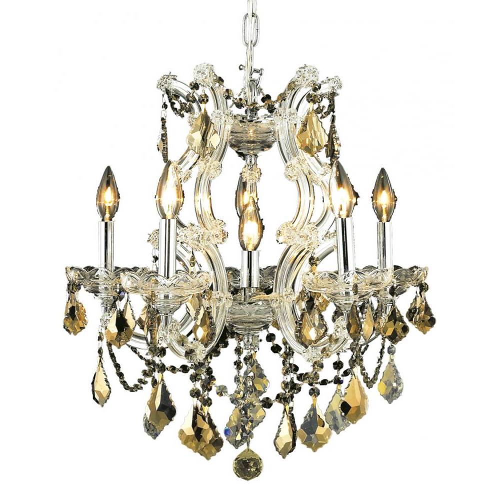 Elegant Lighting Maria Theresa 6 Light Chrome Pendant Golden Teak (Smoky) Royal Cut Crystal