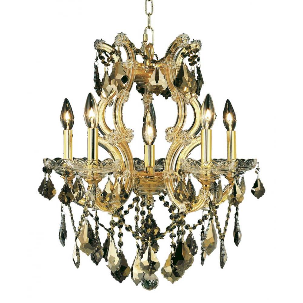 Elegant Lighting Maria Theresa 6 Light Gold Pendant Golden Teak (Smoky) Royal Cut Crystal