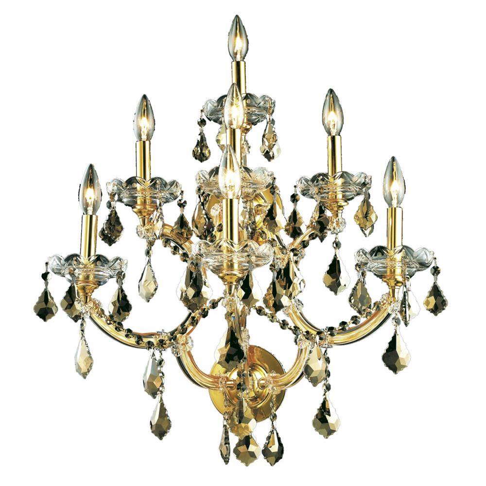 Elegant Lighting Maria Theresa 7 Light Gold Wall Sconce Golden Teak (Smoky) Royal Cut Crystal