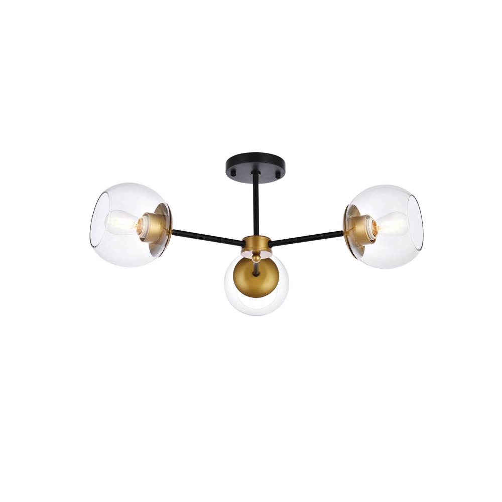 Elegant Lighting Briggs 26 Inch Flush Mount In Black And Brass With Clear Shade
