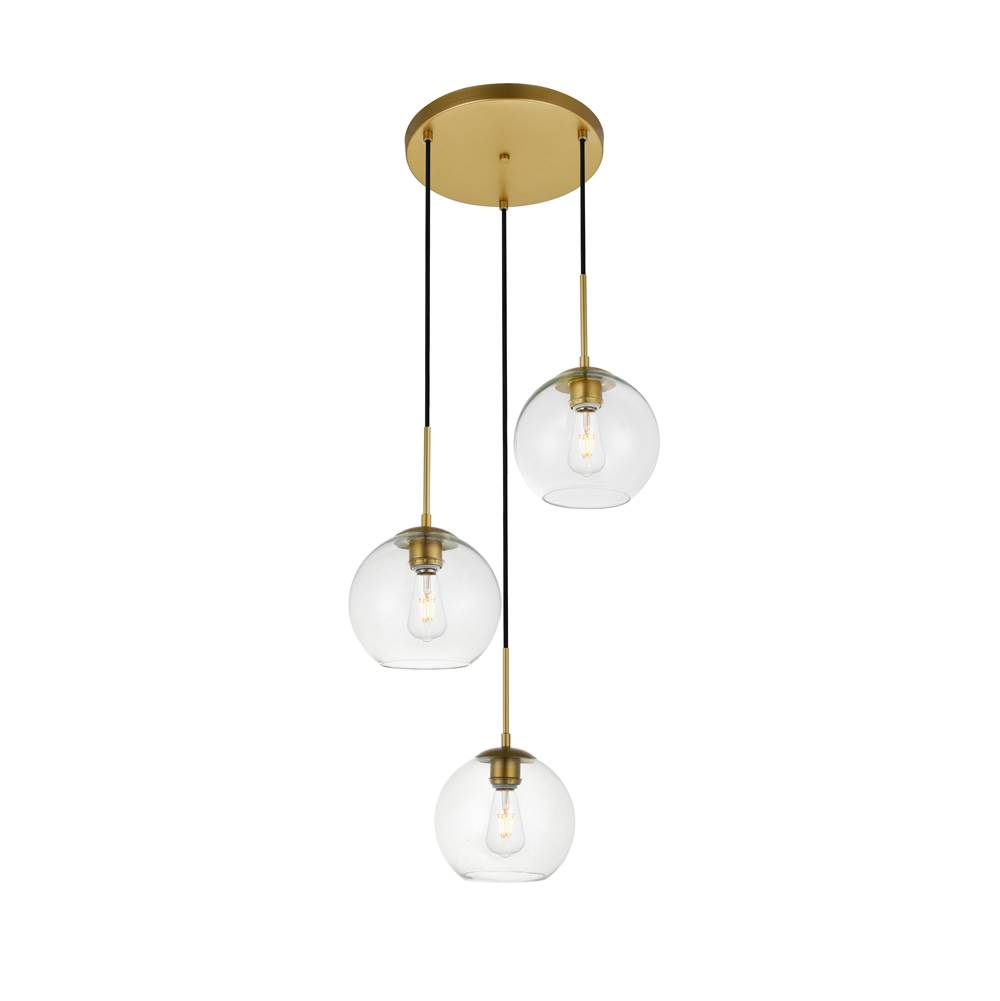 Elegant Lighting Baxter 3 Lights Brass Pendant With Clear Glass