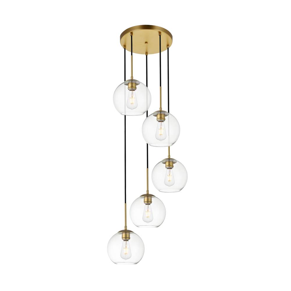 Elegant Lighting Baxter 5 Lights Brass Pendant With Clear Glass