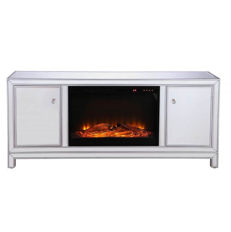 Elegant Lighting 60 In. Mirrored Tv Stand With Wood Fireplace Insert In Antique Silver