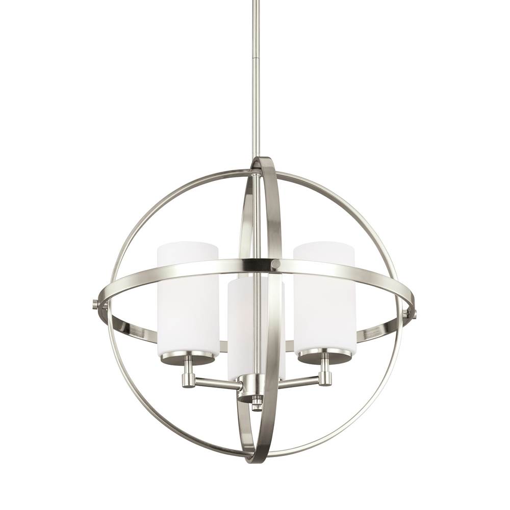 Generation Lighting Alturas Contemporary 3-Light Led Indoor Dimmable Ceiling Chandelier Pendant Light In Brushed Nickel Silver Finish W/Etched White Inside Glass Shades