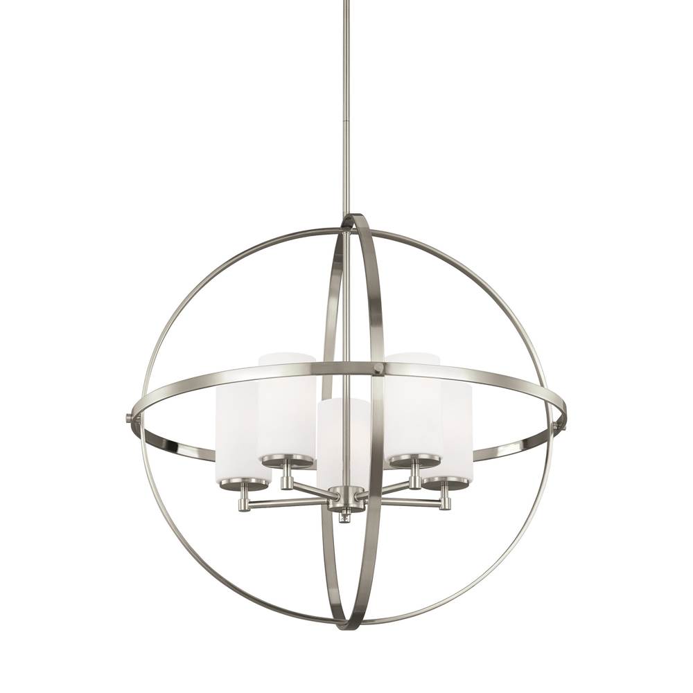 Generation Lighting Alturas Contemporary 5-Light Indoor Dimmable Ceiling Chandelier Pendant Light In Brushed Nickel Silver Finish W/Etched White Inside Glass Shades