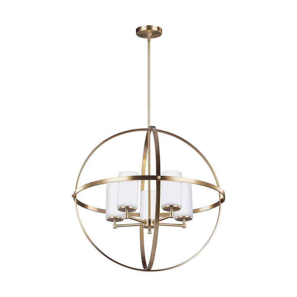 Generation Lighting Alturas Contemporary 5-Light Led Indoor Dimmable Ceiling Chandelier Pendant Light In Satin Brass Gold Finish W/Etched White Inside Glass Shades