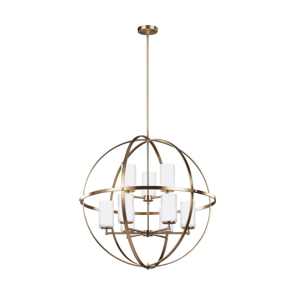 Generation Lighting Alturas Contemporary 9-Light Led Indoor Dimmable Ceiling Chandelier Pendant Light In Satin Brass Gold Finish W/Etched White Inside Glass Shades