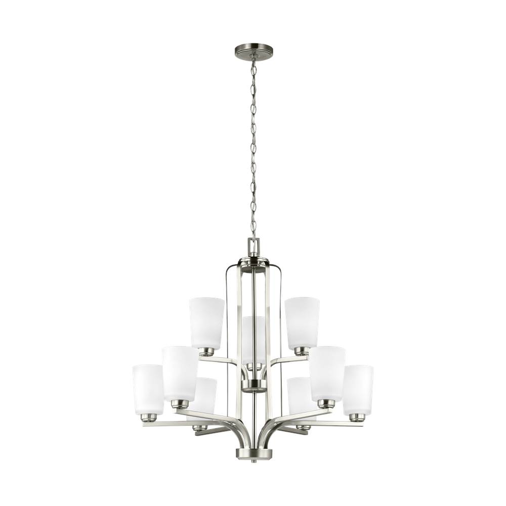Generation Lighting Franport Transitional 9-Light Indoor Dimmable Ceiling Chandelier Pendant Light In Brushed Nickel Silver Finish With Etched White Glass Shades