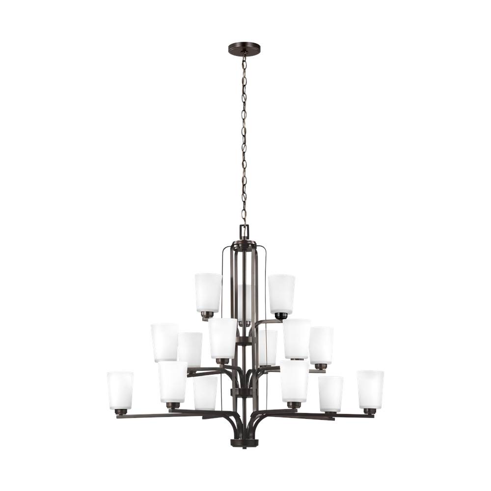 Generation Lighting Franport Transitional 15-Light Indoor Dimmable Ceiling Chandelier Pendant Light In Bronze Finish With Etched White Glass Shades