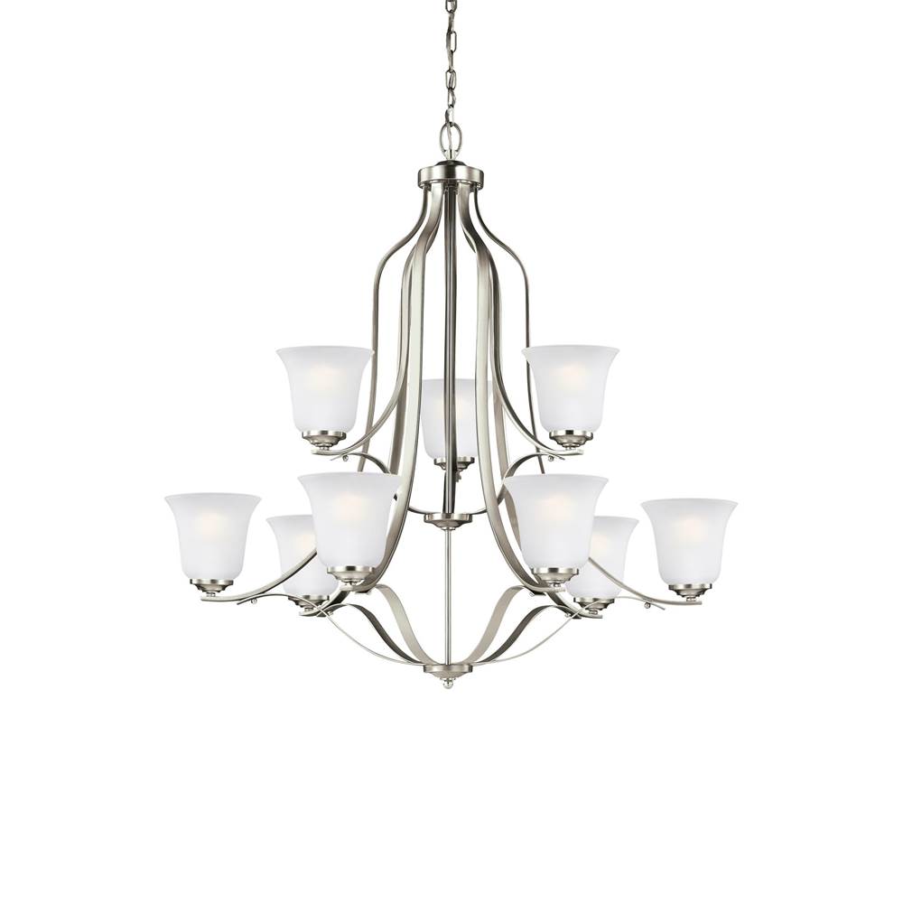 Generation Lighting Emmons Traditional 9-Light Indoor Dimmable Ceiling Chandelier Pendant Light In Brushed Nickel Silver Finish With Satin Etched Glass Shades