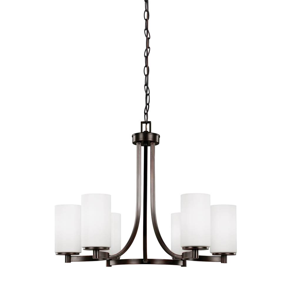 Generation Lighting Hettinger Transitional 6-Light Indoor Dimmable Ceiling Chandelier Pendant Light In Bronze Finish With Etched White Inside Glass Shades