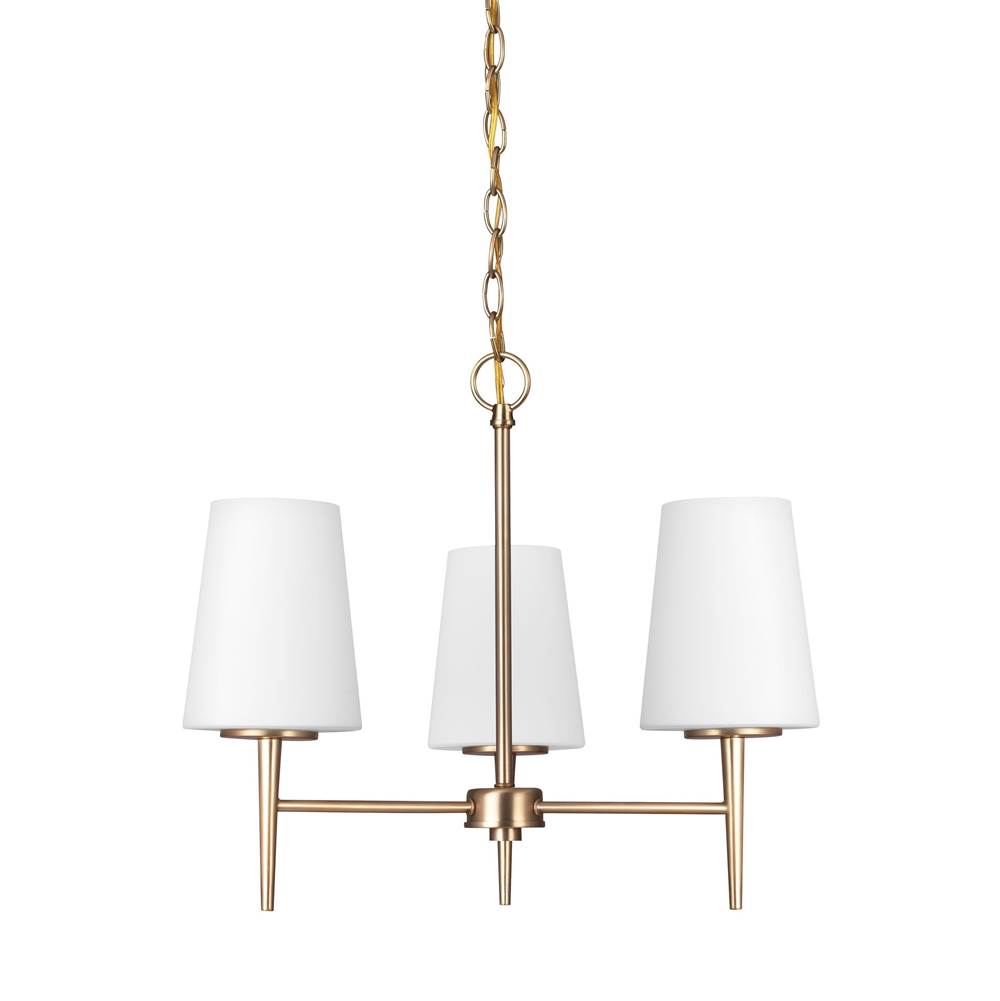 Generation Lighting Driscoll Contemporary 3-Light Led Indoor Dimmable Ceiling Chandelier Pendant Light In Satin Brass Gold Finish With Cased Opal Etched Glass