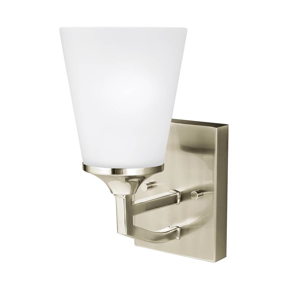 Generation Lighting Hanford Traditional 1-Light Led Indoor Dimmable Bath Vanity Wall Sconce In Brushed Nickel Silver Finish With Satin Etched Glass Shade