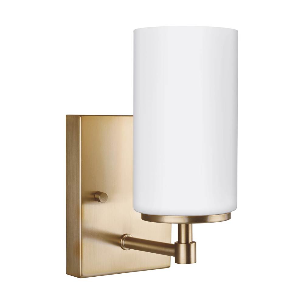 Generation Lighting Alturas Contemporary 1-Light Indoor Dimmable Bath Vanity Wall Sconce In Satin Brass Gold Finish With Etched White Inside Glass Shade