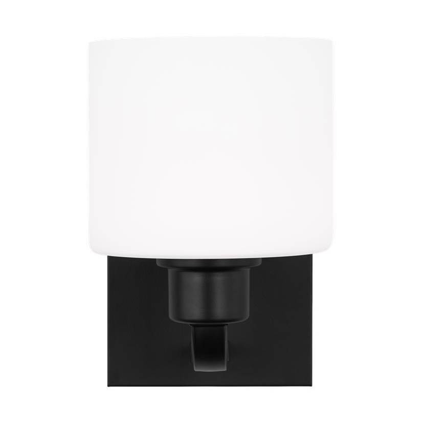 Generation Lighting Canfield Indoor Dimmable 1-Light Wall Bath Sconce In A Midnight Black Finish And Etched White Glass Shade