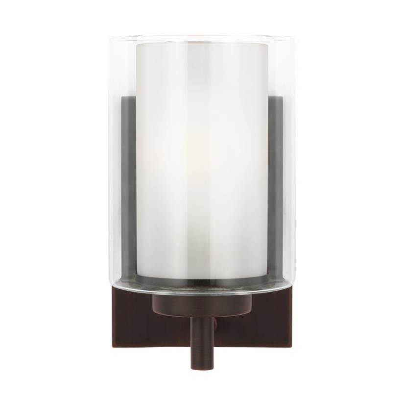 Generation Lighting Elmwood Park Traditional 1-Light Led Indoor Dimmable Bath Vanity Wall Sconce In Bronze Finish With Satin Etched Glass Shade And Clear Glass Shade
