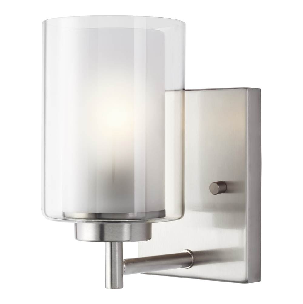 Generation Lighting Elmwood Park Traditional 1-Light Led Indoor Dimmable Bath Vanity Wall Sconce In Brushed Nickel Silver W/Satin Etched Glass Shade And Clear Glass Shade