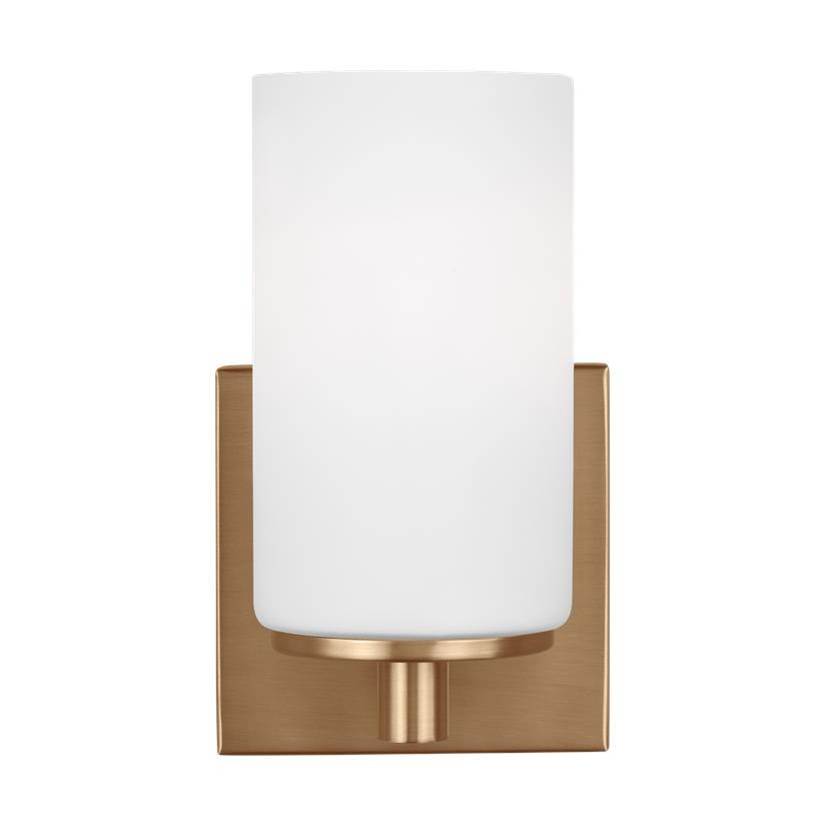 Generation Lighting Hettinger Traditional Indoor Dimmable 1-Light Wall Bath Sconce In A Satin Brass Finish With Etched White Glass Shades