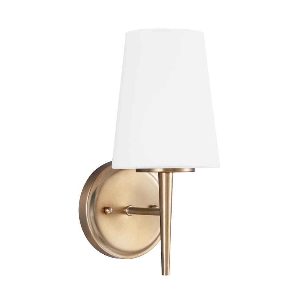 Generation Lighting Driscoll Contemporary 1-Light Indoor Dimmable Bath Vanity Wall Sconce In Satin Brass Gold Finish With Cased Opal Etched Glass