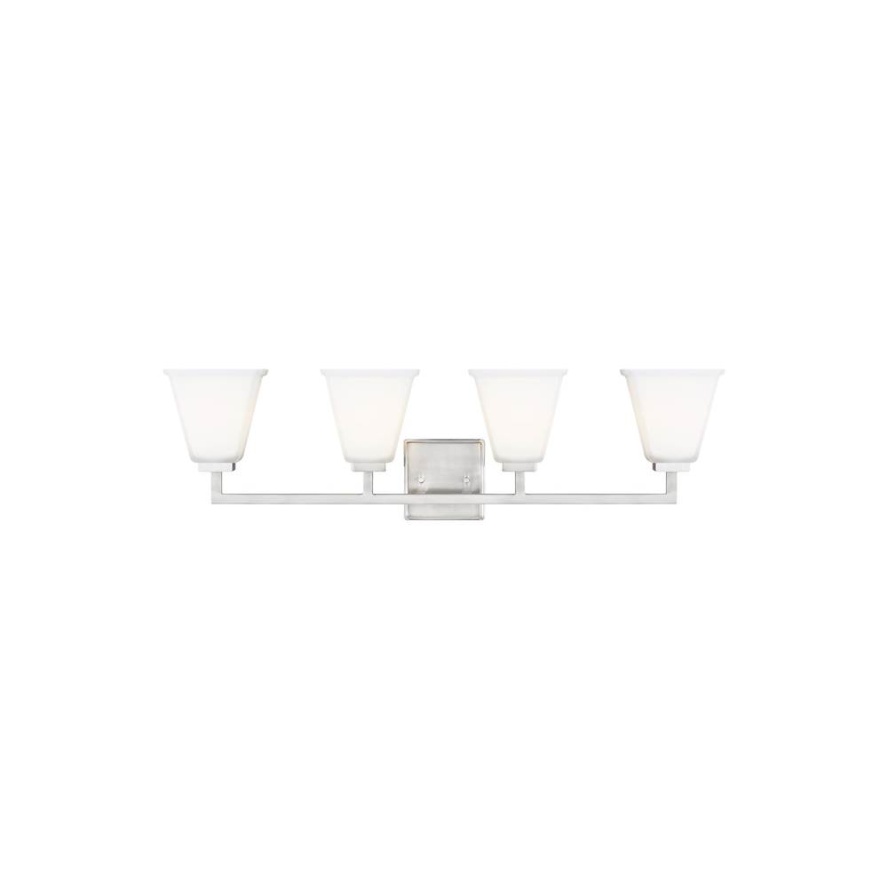 Generation Lighting Ellis Harper Transitional 4-Light Indoor Dimmable Bath Vanity Wall Sconce In Brushed Nickel Silver Finish With Etched White Inside Glass Shades