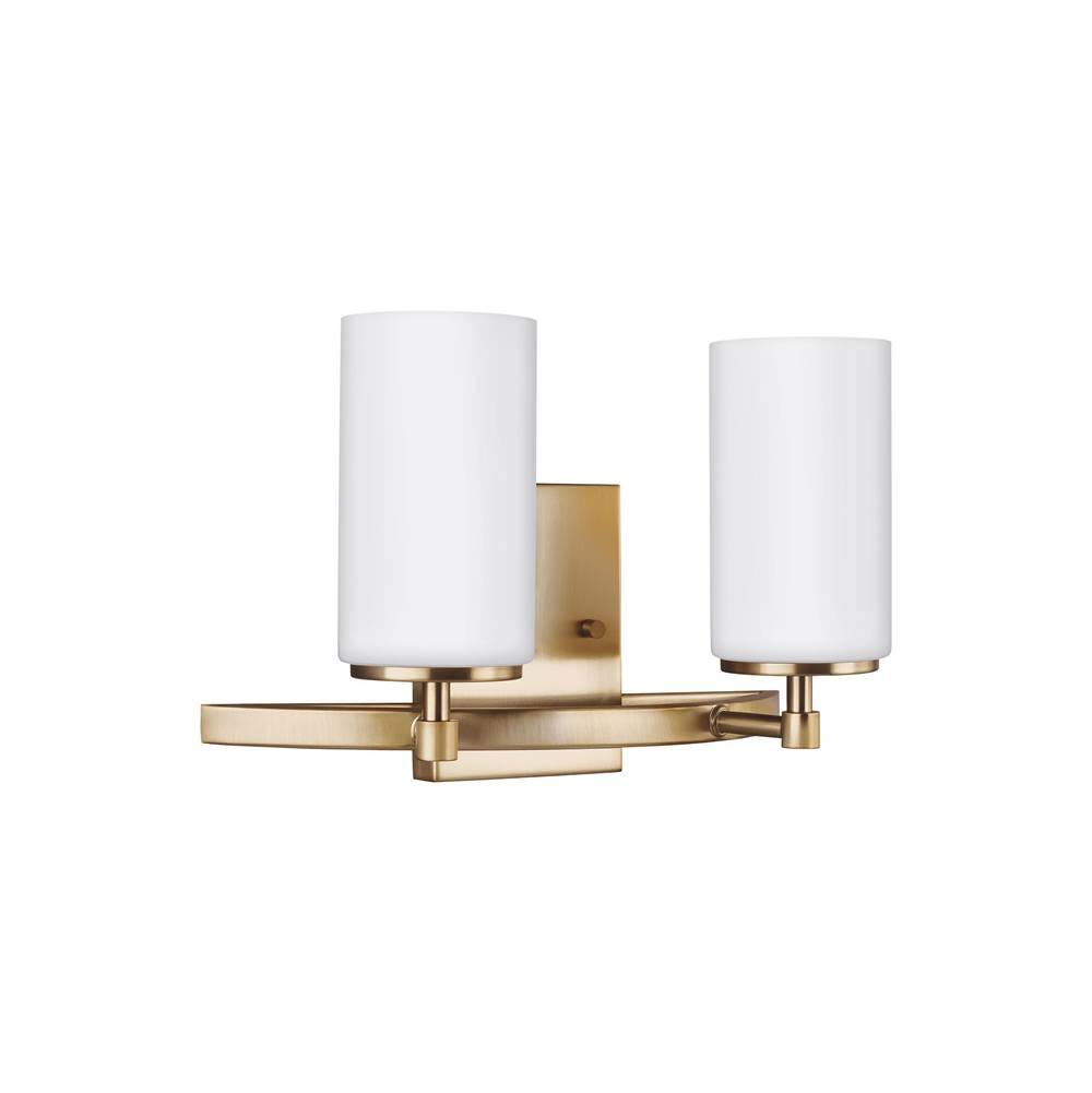 Generation Lighting Alturas Contemporary 2-Light Indoor Dimmable Bath Vanity Wall Sconce In Satin Brass Gold Finish With Etched White Inside Glass Shades