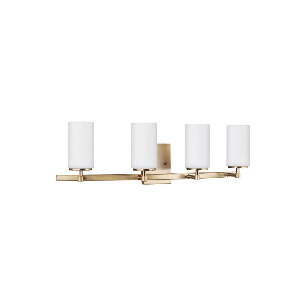 Generation Lighting Alturas Contemporary 4-Light Led Indoor Dimmable Bath Vanity Wall Sconce In Satin Brass Gold Finish With Etched White Inside Glass Shades