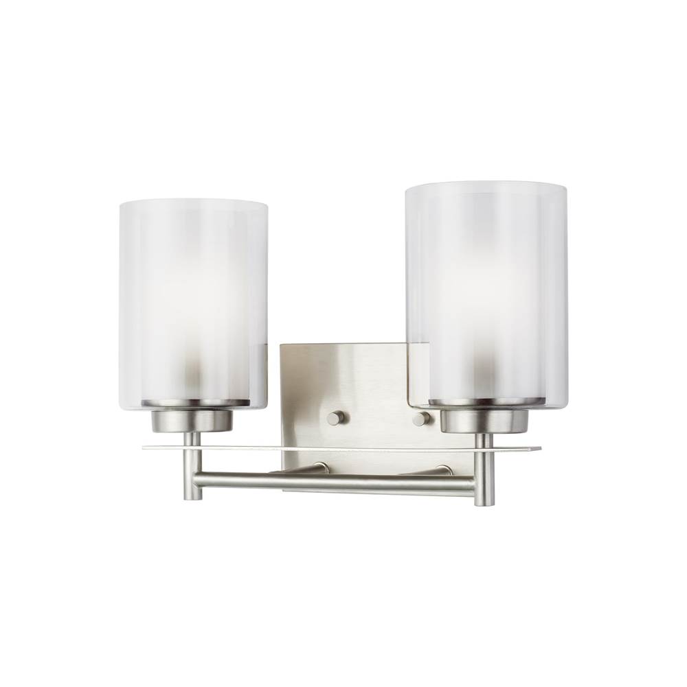 Generation Lighting Elmwood Park Traditional 2-Light Led Indoor Bath Vanity Wall Sconce In Brushed Nickel Silver W/Satin Etched Glass Shades And Clear Glass Shades
