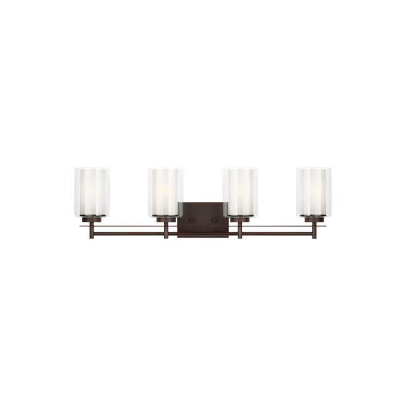 Generation Lighting Elmwood Park Traditional 4-Light Indoor Dimmable Bath Vanity Wall Sconce In Bronze Finish With Satin Etched Glass Shades And Clear Glass Shades