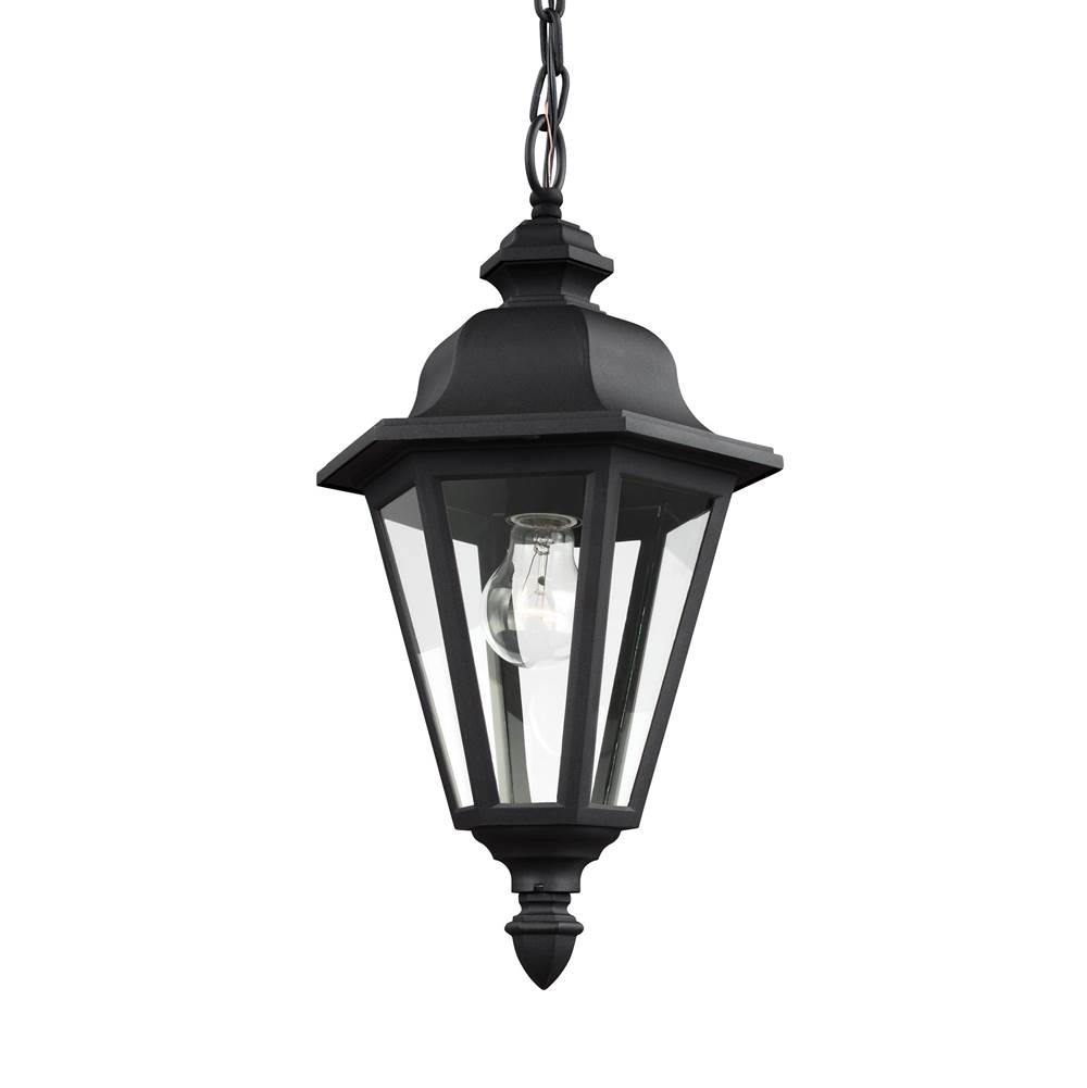 Generation Lighting Brentwood Traditional 1-Light Outdoor Exterior Ceiling Hanging Pendant In Black Finish With Clear Glass Panels