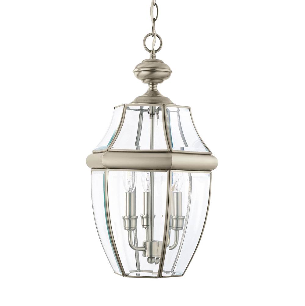 Generation Lighting Lancaster Traditional 3-Light Led Outdoor Exterior Pendant In Antique Brushed Nickel Silver Finish With Clear Curved Beveled Glass Shade