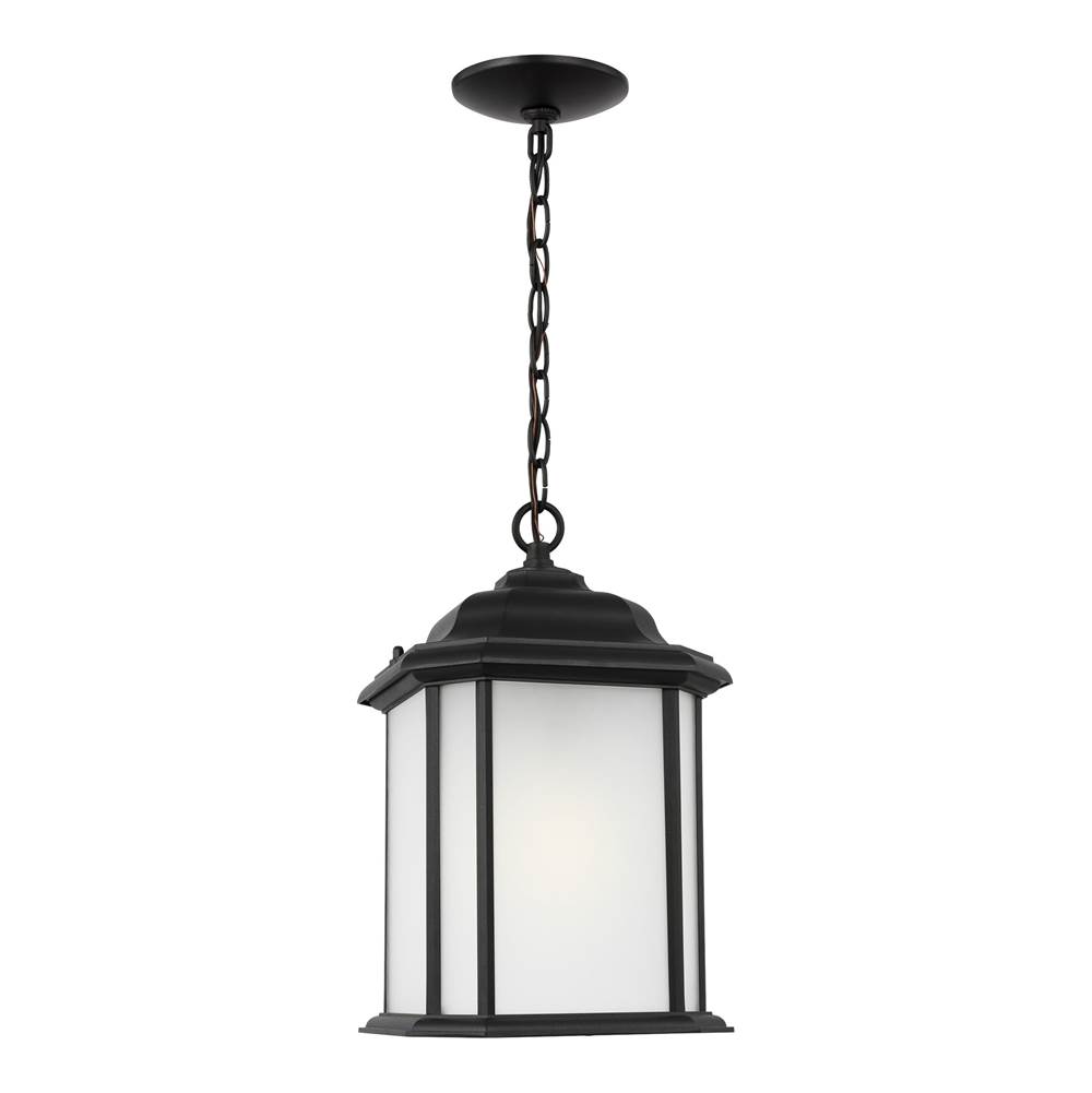 Generation Lighting Kent Traditional 1-Light Outdoor Exterior Ceiling Hanging Pendant In Black Finish With Satin Etched Glass Panels