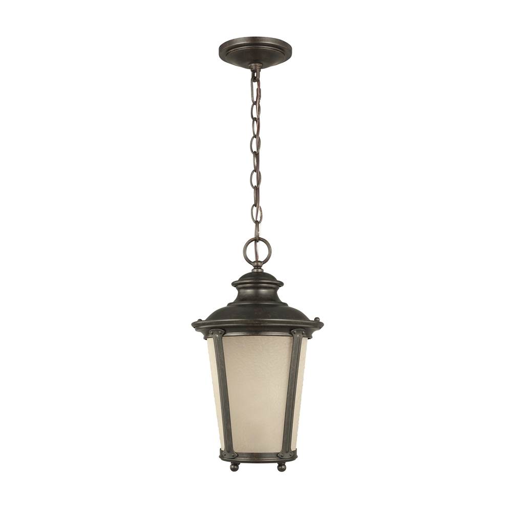 Generation Lighting Cape May Traditional 1-Light Led Outdoor Exterior Hanging Ceiling Pendant In Burled Iron Grey Finish With Etched Light Amber Glass Shade