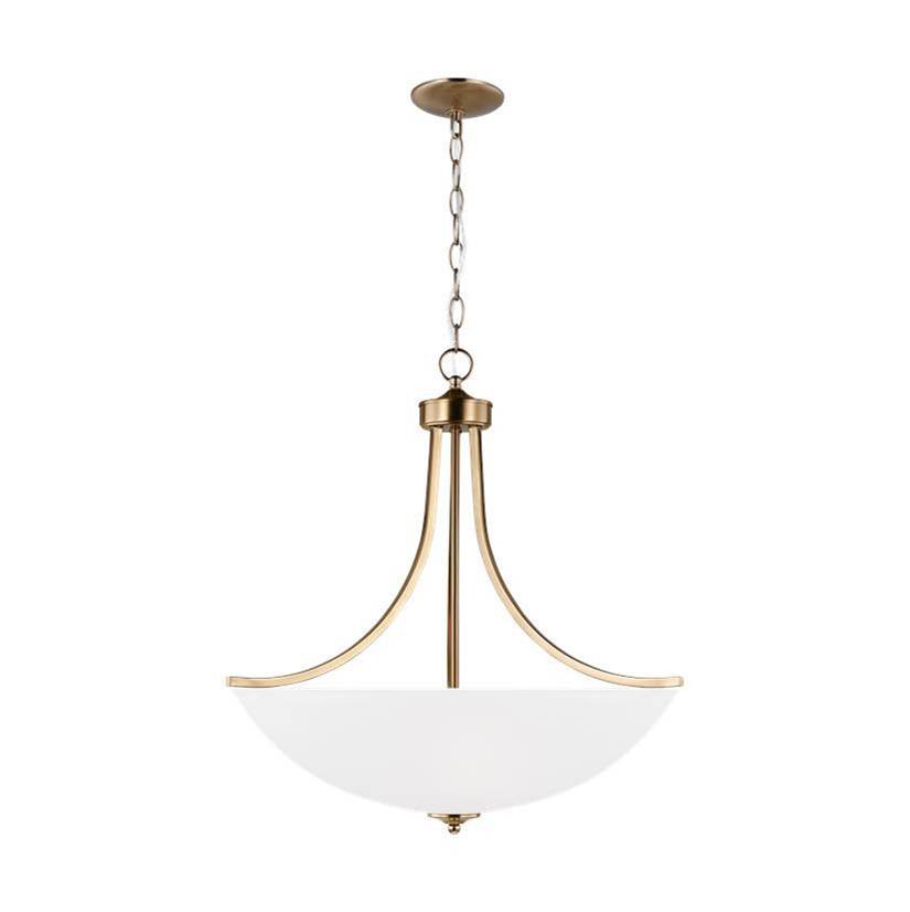 Generation Lighting Geary Traditional Indoor Dimmable Large 4-Light Pendant In Satin Brass With A Satin Etched Glass Shade