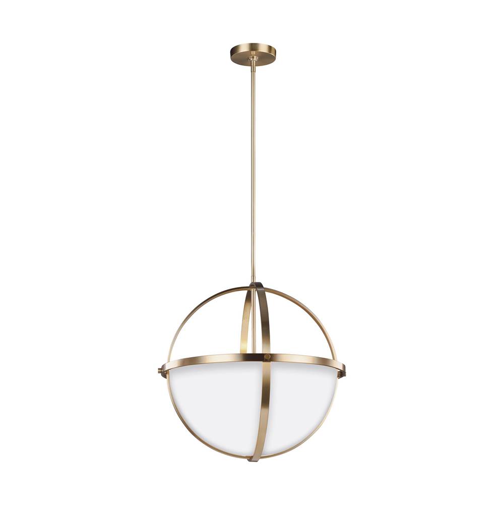 Generation Lighting Alturas Contemporary 3-Light Indoor Dimmable Ceiling Pendant Hanging Chandelier Pendant Light In Satin Brass Gold W/Etched White Inside Glass Shade