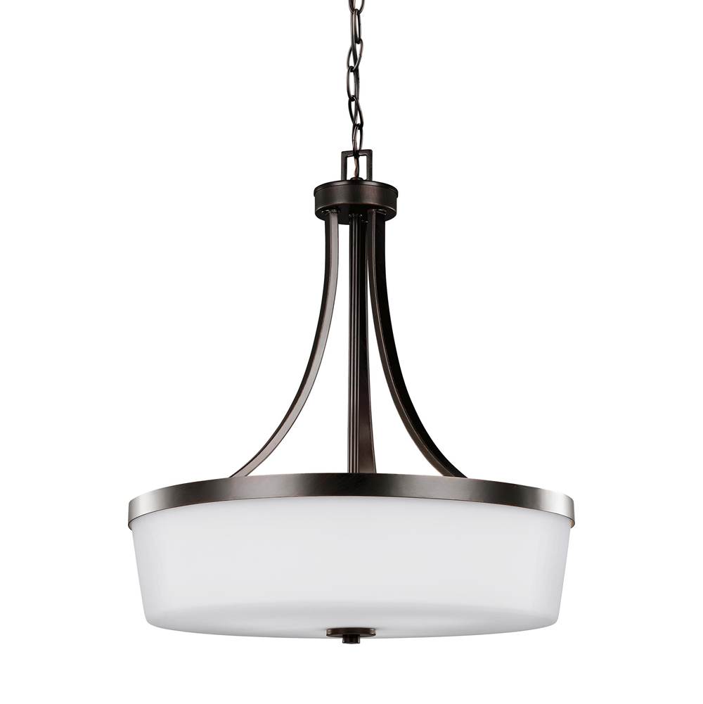 Generation Lighting Hettinger Transitional 3-Light Led Indoor Dimmable Ceiling Pendant Hanging Chandelier Pendant Light In Bronze Finish W/Etched White Inside Glass Shade