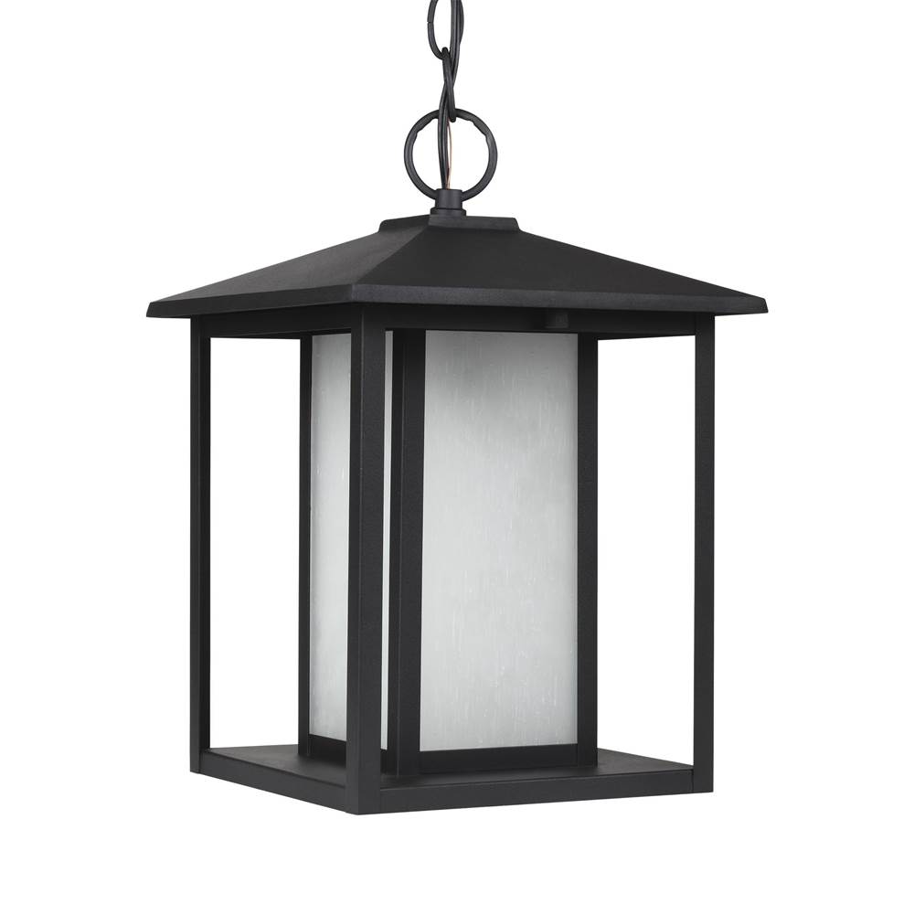 Generation Lighting Hunnington Contemporary 1-Light Outdoor Exterior Led Outdoor Pendant In Black Finish With Etched Seeded Glass Panels