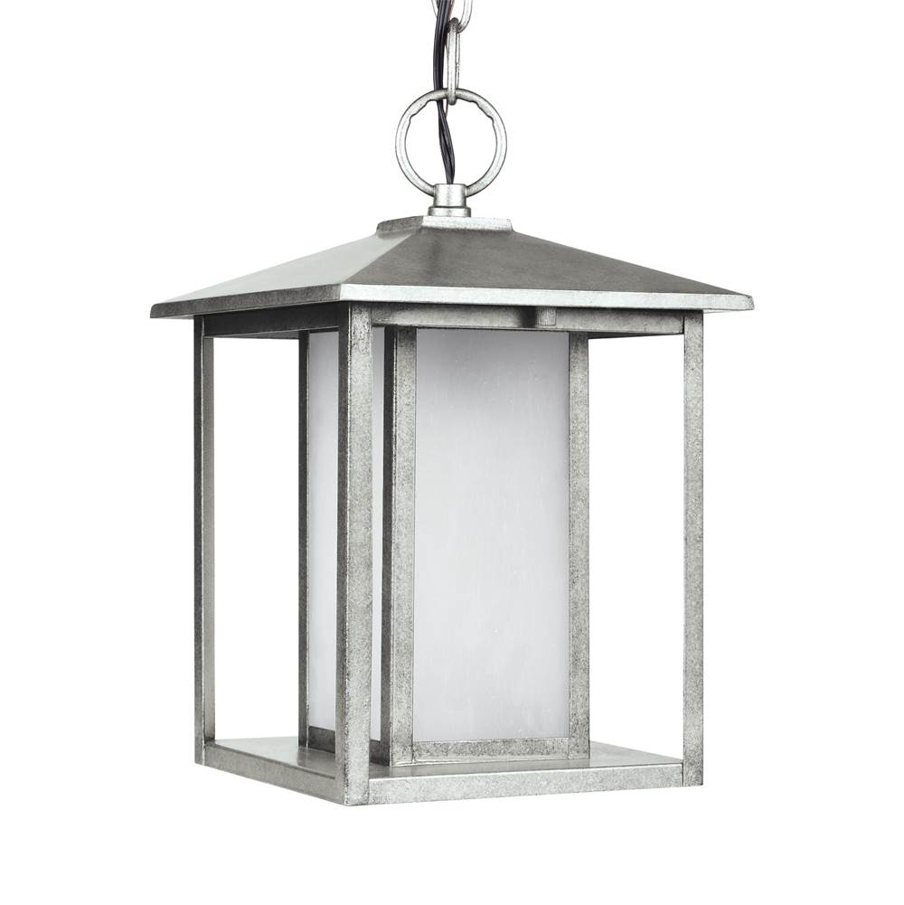 Generation Lighting Hunnington Contemporary 1-Light Outdoor Exterior Led Outdoor Pendant In Weathered Pewter Grey Finish With Etched Seeded Glass Panels