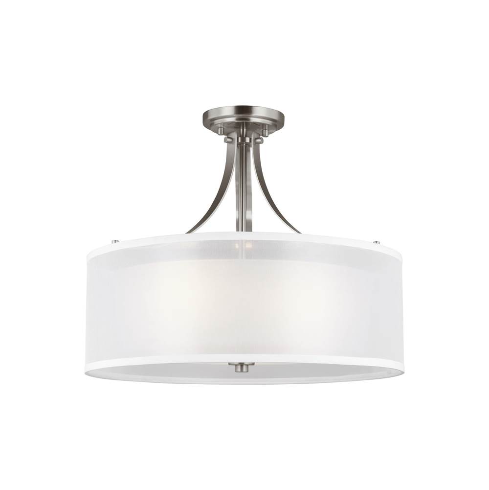 Generation Lighting Elmwood Park Traditional 3-Light Led Ceiling Semi-Flush Mount In Brushed Nickel Silver W/Satin Etched Glass Shade And Off White Organza Silk Shade