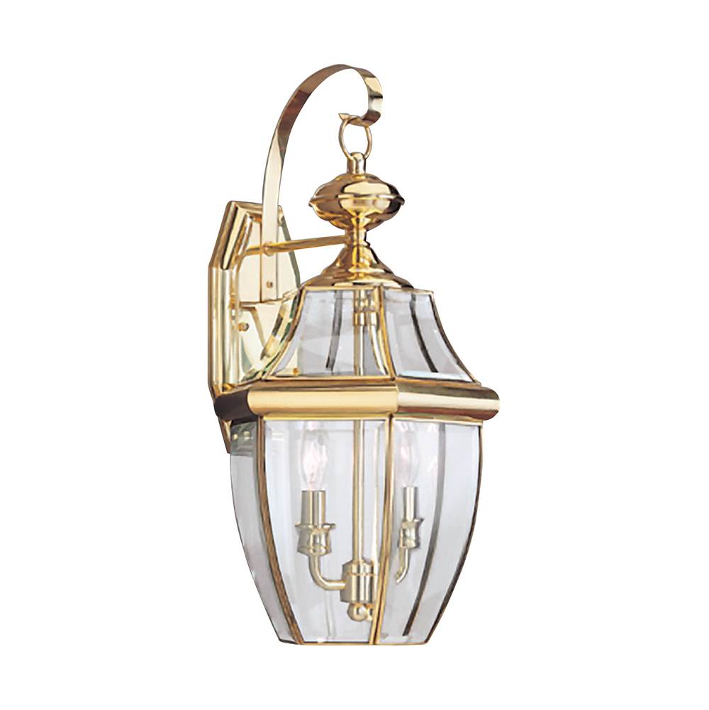 Generation Lighting Lancaster Traditional 2-Light Outdoor Exterior Wall Lantern Sconce In Polished Brass Gold Finish With Clear Curved Beveled Glass Shade
