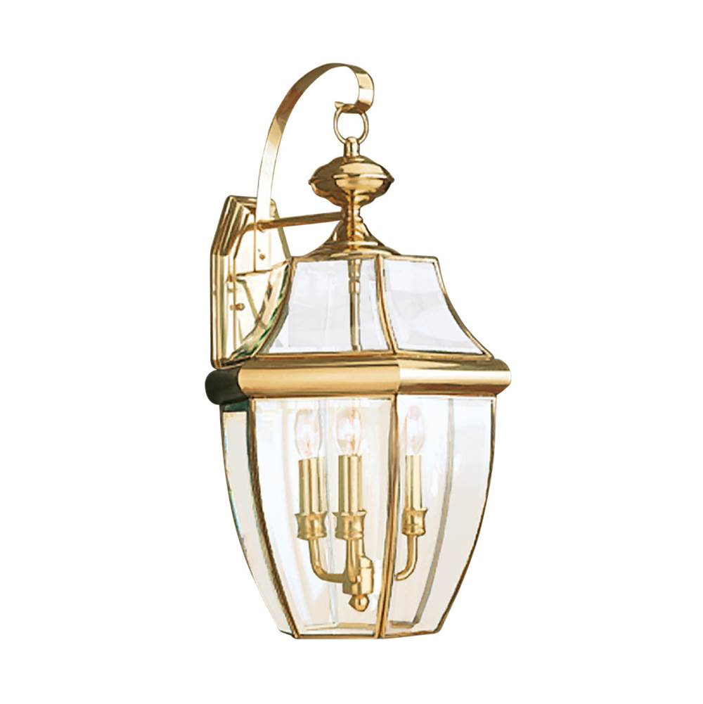 Generation Lighting Lancaster Traditional 3-Light Outdoor Exterior Wall Lantern Sconce In Polished Brass Gold Finish With Clear Curved Beveled Glass Shade