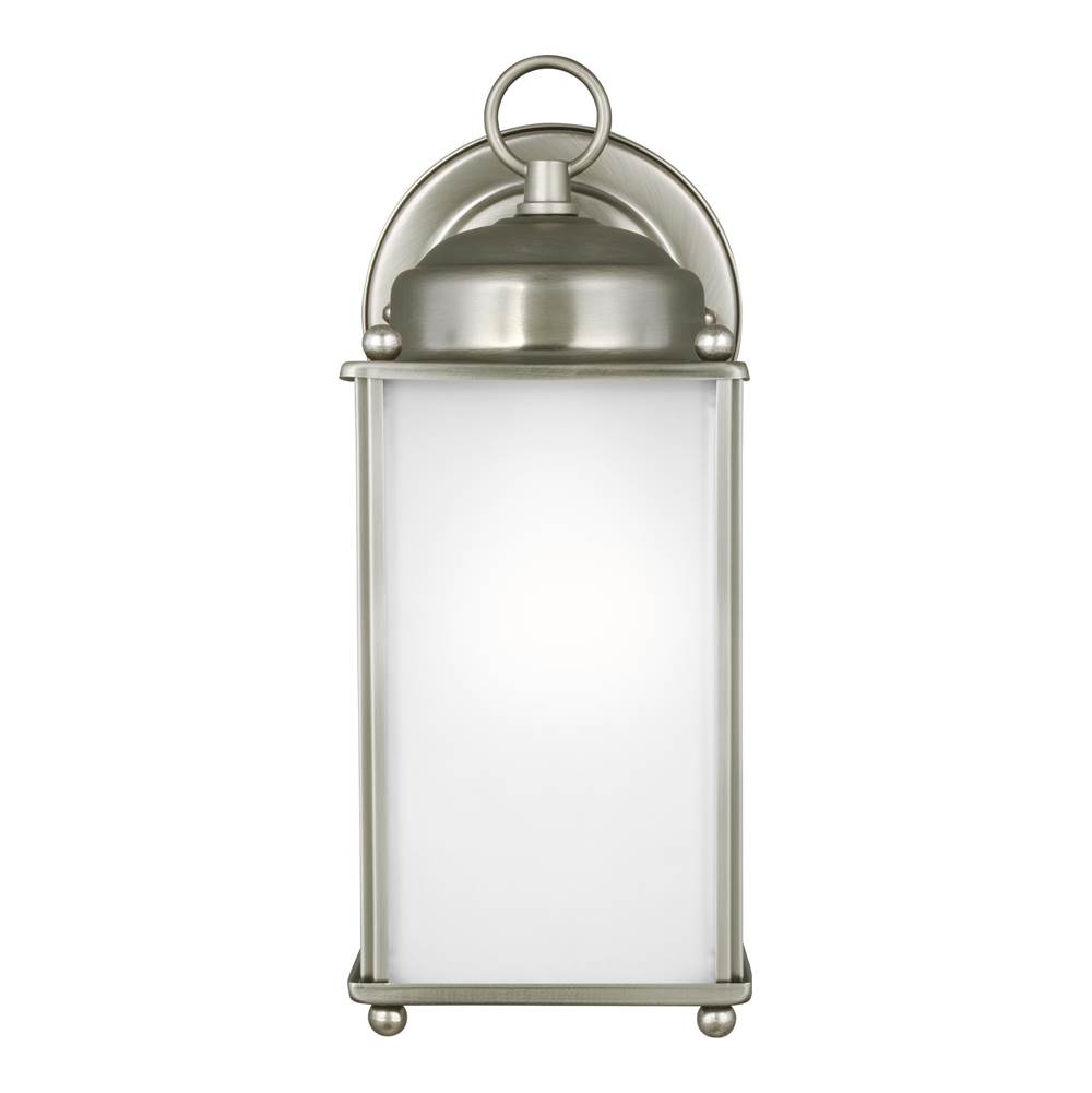 Generation Lighting New Castle Traditional 1-Light Outdoor Exterior Large Wall Lantern Sconce In Antique Brushed Nickel Silver Finish With Satin Etched Glass Panels