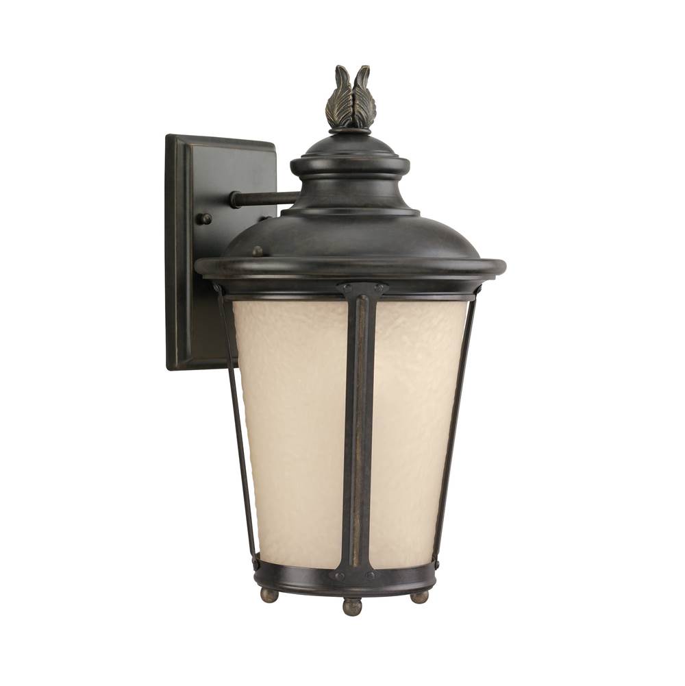 Generation Lighting Cape May Traditional 1-Light Led Outdoor Exterior Medium Wall Lantern Sconce In Burled Iron Grey Finish With Etched Light Amber Glass Diffuser